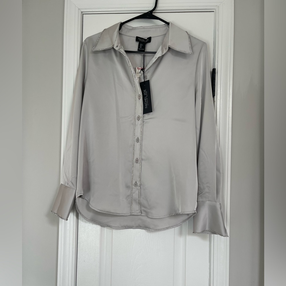 RACHEL ZOE Silver Blouse with Rhinestone trim. Size Small. Brand new with tags